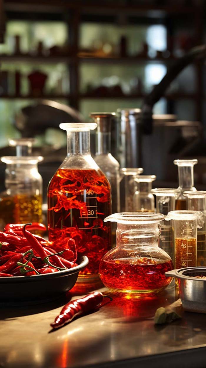 Capsaicin-Extraktion: Die Wissenschaft hinter der Schärfe Eine Auswahl an Laborgeräten mit rotem Inhalt, umgeben von frischen roten Chilis auf einer metallischen Oberfläche, was auf eine chemische Analyse der Schärfe hindeutet.