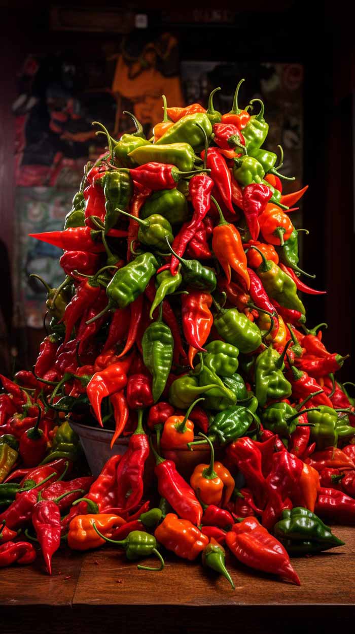 Eine vielseitige Auswahl an grünen Jalapeños, Carolina Reapern, Red Savina Habaneros, Trinidad Scorpions und Ghost Peppers ergießt sich über den Rahmen, mit einer Scoville-Skala im Hintergrund, die das feurige Spektrum von milden grünen Jalapeños bis zum intensiven Rot des Carolina Reaper hervorhebt und die reiche Geschichte und kulinarische Bedeutung dieser scharfen Schoten symbolisiert